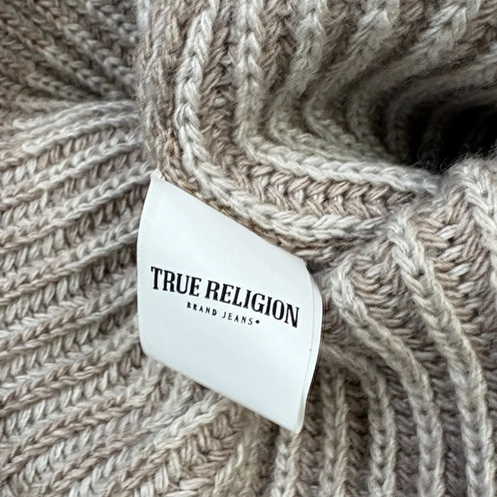 True Religion Classic Ribbed Knit Beanie Hat | Tan Neutral | Logo Patch
